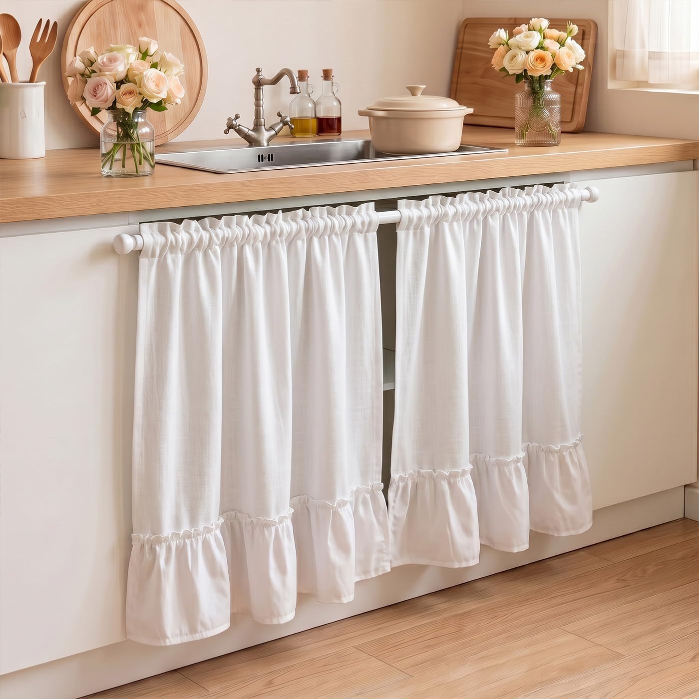 White Ruffled Tier Curtains for Farmhouse Cafe Over Sink 2 Panels 30"Wx36"L
