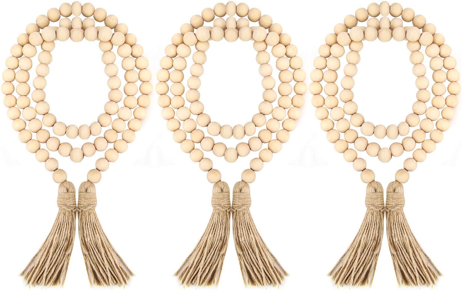 ZOENHOU 3PCS Wood Bead Garland with Tassels, Creative Farmhouse Home Decoration for Country Wall Christmas Tree Hanging Decor