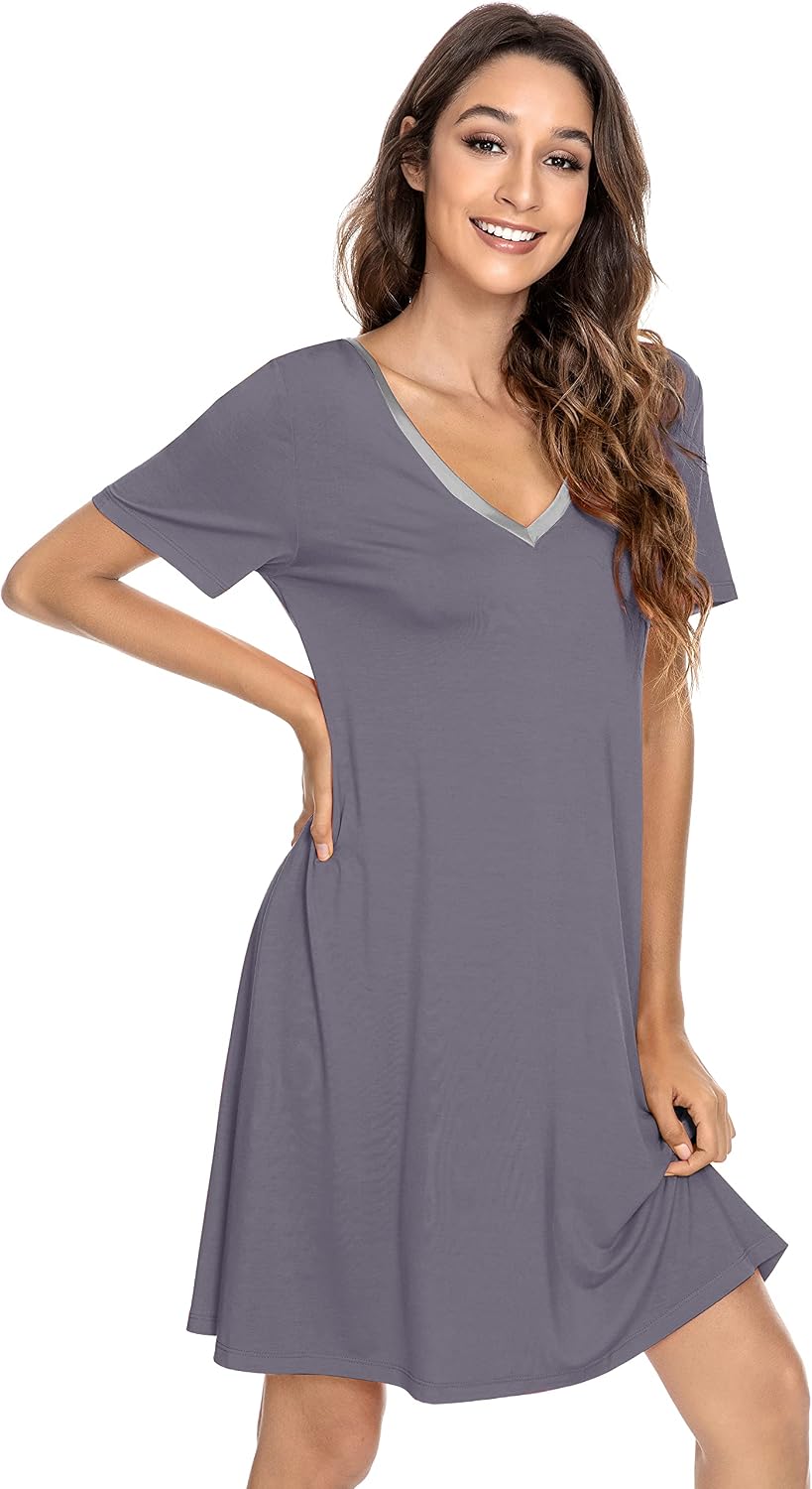 short sleeve nightgown Sleepwear for Women Soft Bamboo Pajamas V Neck Sleep Shirts Plus Size Loungewear S-4X, Pale Blue, Medium