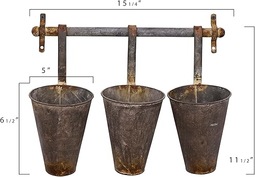 Miniatura 5 de Creative Co-Op Estante de pared de metal antiguo con 3 macetas colgantes de hojalata