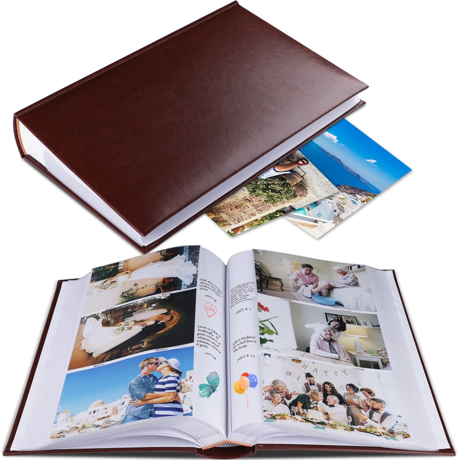 Photo Album 4x6 Photos Hold 402 Pockets with Memo Slip-in Pockets Photo Book, Leather Cover Picture Albums with Writing Space for Wedding Anniversary Family Baby Vacation Mother's Day-RedBrown