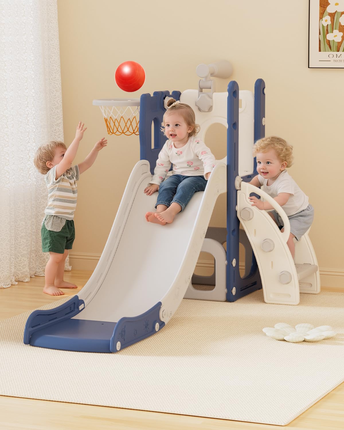 Scivolo per Bambini, 5 in 1 Scivolo per Interni ed Esterni, Parco Giochi per Bambini con Canestro da Basket, Spazio di Archiviazione e Telescopio, Parco Giochi per Bambini da 1 Anno, Blu