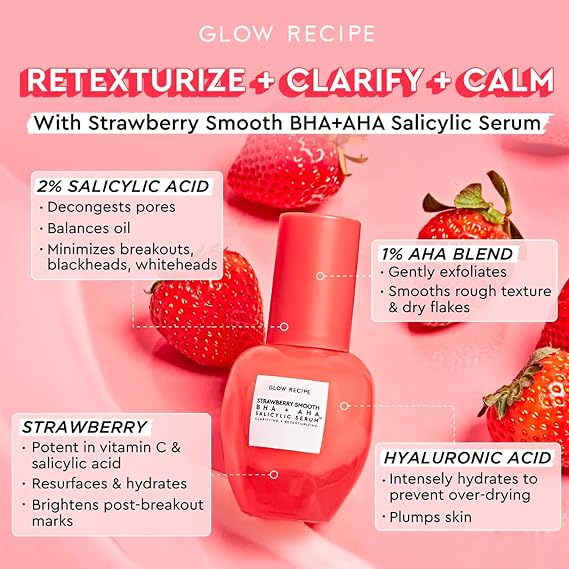 Glow Recipe Smooth + Soothe Duo - Strawberry Smooth AHA BHA Salicylic Acid & Avocado Ceramide Serum (30 ml/ea) - Korean Skincare for Glowing Skin