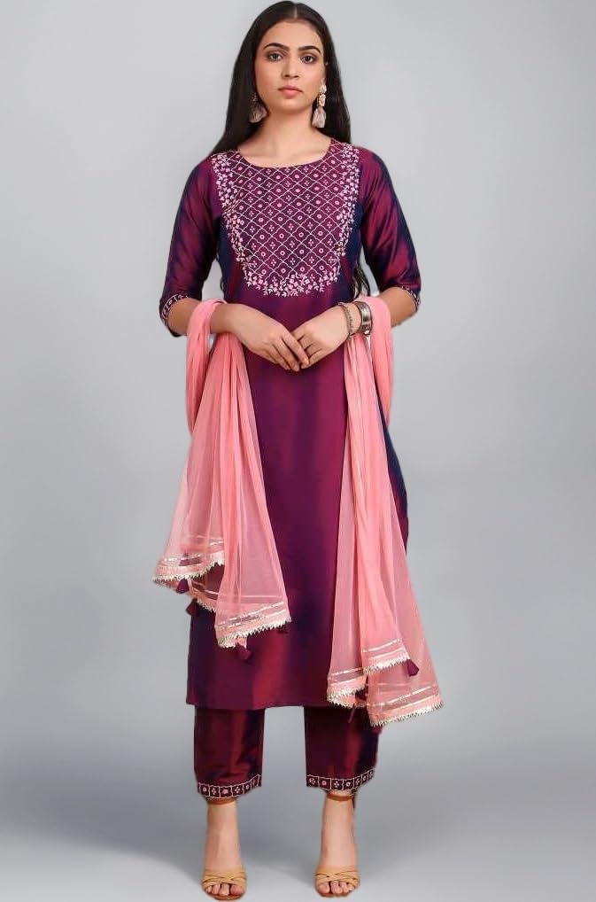 Women Art Silk Kurta Pant Dupatta Set