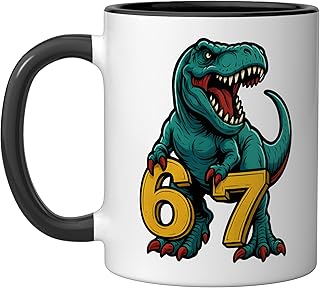 67 T-Rex Six Seven, TRex- 6 7 Meme design Stil Ceramic Mug, Black/White