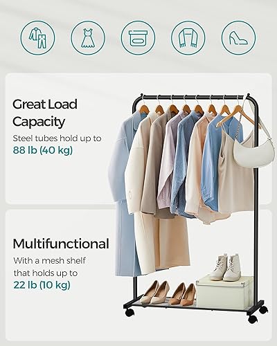 Miniatura 3 de SONGMICS Clothes Rack with Wheels, Clothing Rack for Hanging Clothes, 25.4 mm Metal Garment Rack with Dense Mesh Storage Shelf, 110 lb Load