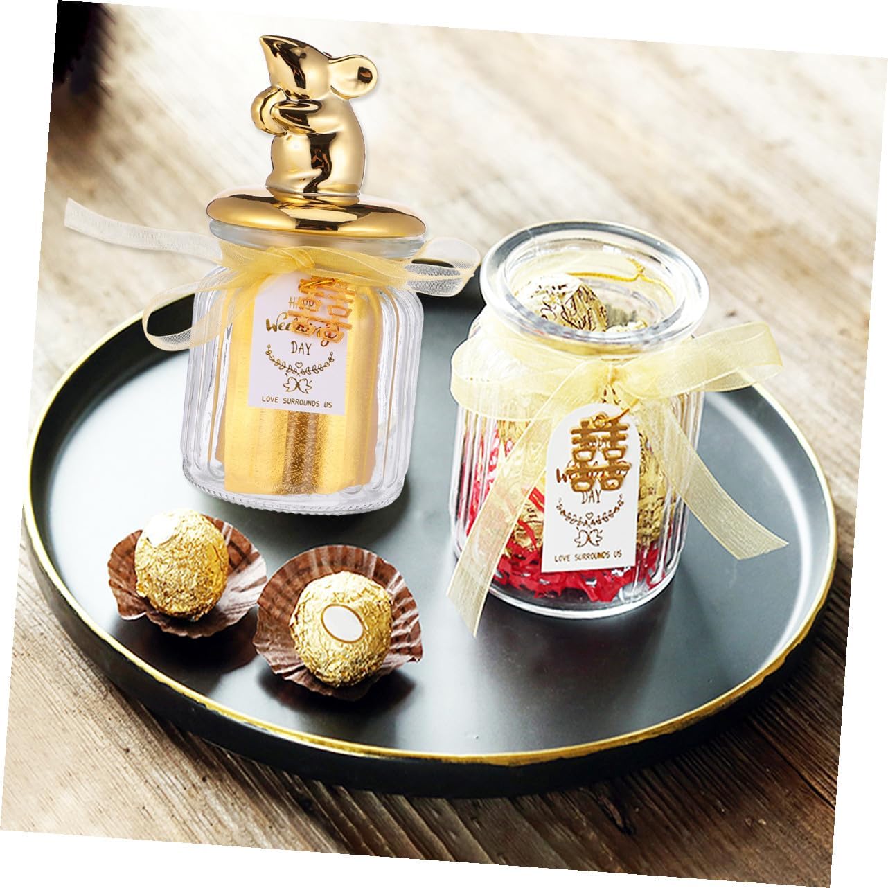 Glass Candy Bottle with Ceramic Animal Lid, Gold-plated Sealed Candy Jar for Wedding Party Favors and Holiday Snack Storage