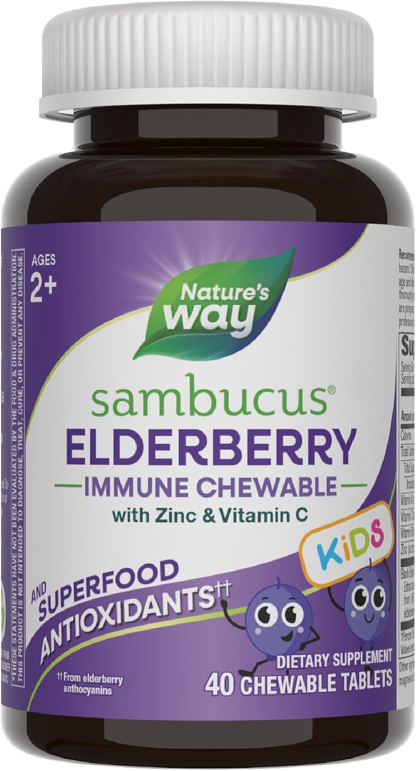 Nature's Way Sambucus Elderberry Immune Chewable for Kids, 40 ct | Immune Support*, Vitamin C, Zinc, with Superfood Antioxidants(1), Gluten-Free, Dairy-Free, No Artificial Colors