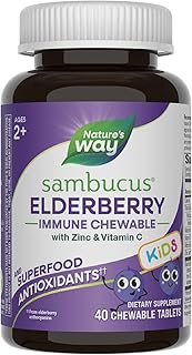 Nature's Way Sambucus Elderberry Immune Chewable for Kids, Ages 2+, Immune Support*, Vitamin C, Zinc, with Superfood Antioxidants(1), Gluten Free, 40 Chewable Tablets (Packaging May Vary)