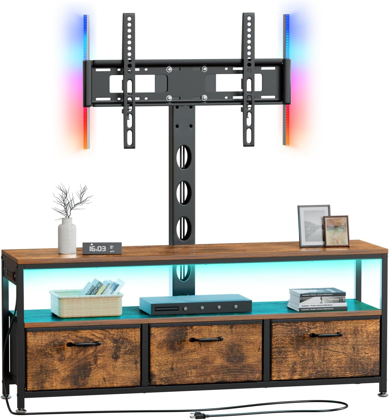 Justogo TV Stand with Mount and Power Outlet, Height Adjustable Media Console for 45-65 Inch TVs, Rustic Design