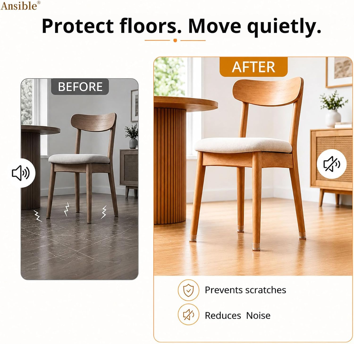 Ansible 36 Pcs Chair Leg Floor Protectors for Hardwood Floors | Silicone Chair Leg Caps with Felt Pads, Noise Reduction Anti Scratch Furniture Feet Covers (Fit 1-5/16" to 2")