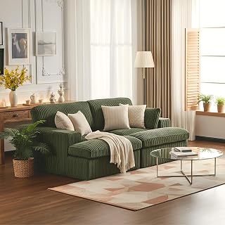Green Oversized Double Chaise Lounge, 83" L × 57.1" W Corduroy Cloud Couch, Deep-Seat Sleeper Sofa for Napping or Reading, Sectional Loveseat with 2 Throw Pillows, Pet-Friendly Plush Couch