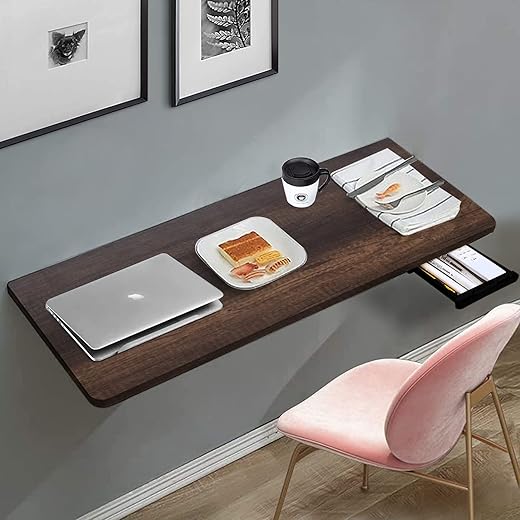 Qara Solid Wood Wall Mounted Folding Round Corner Study Table| Wall Mount Table With Drawer | Foldable Laptop Desk For Home And Office Computer…