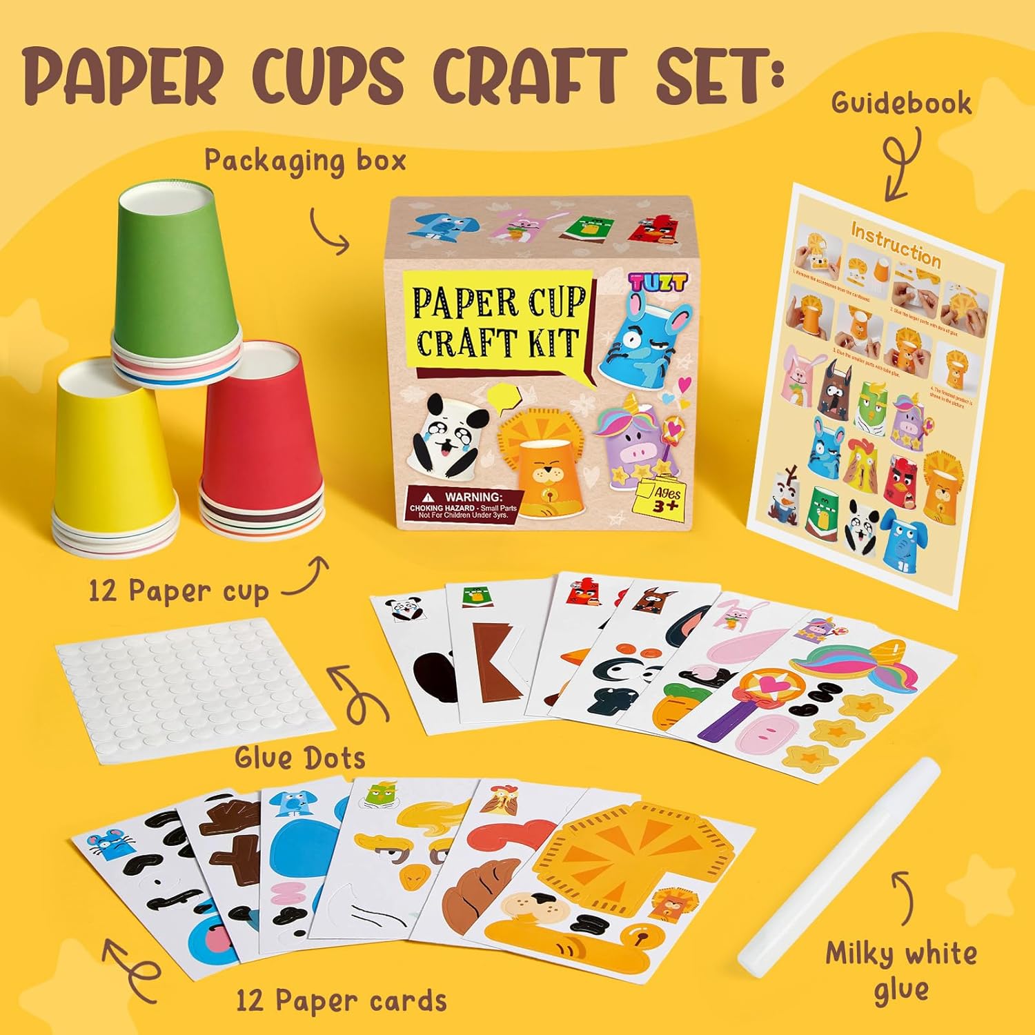 TUZT 12 Pack Arts and Crafts for Kids, Toddler Paper Cup Craft Kit with 12 Cute Cartoon Animal Projects, DIY Gifts Birthday Party Fun Preschool Classroom Activity for Girls & Boys Ages 3-8 8-12