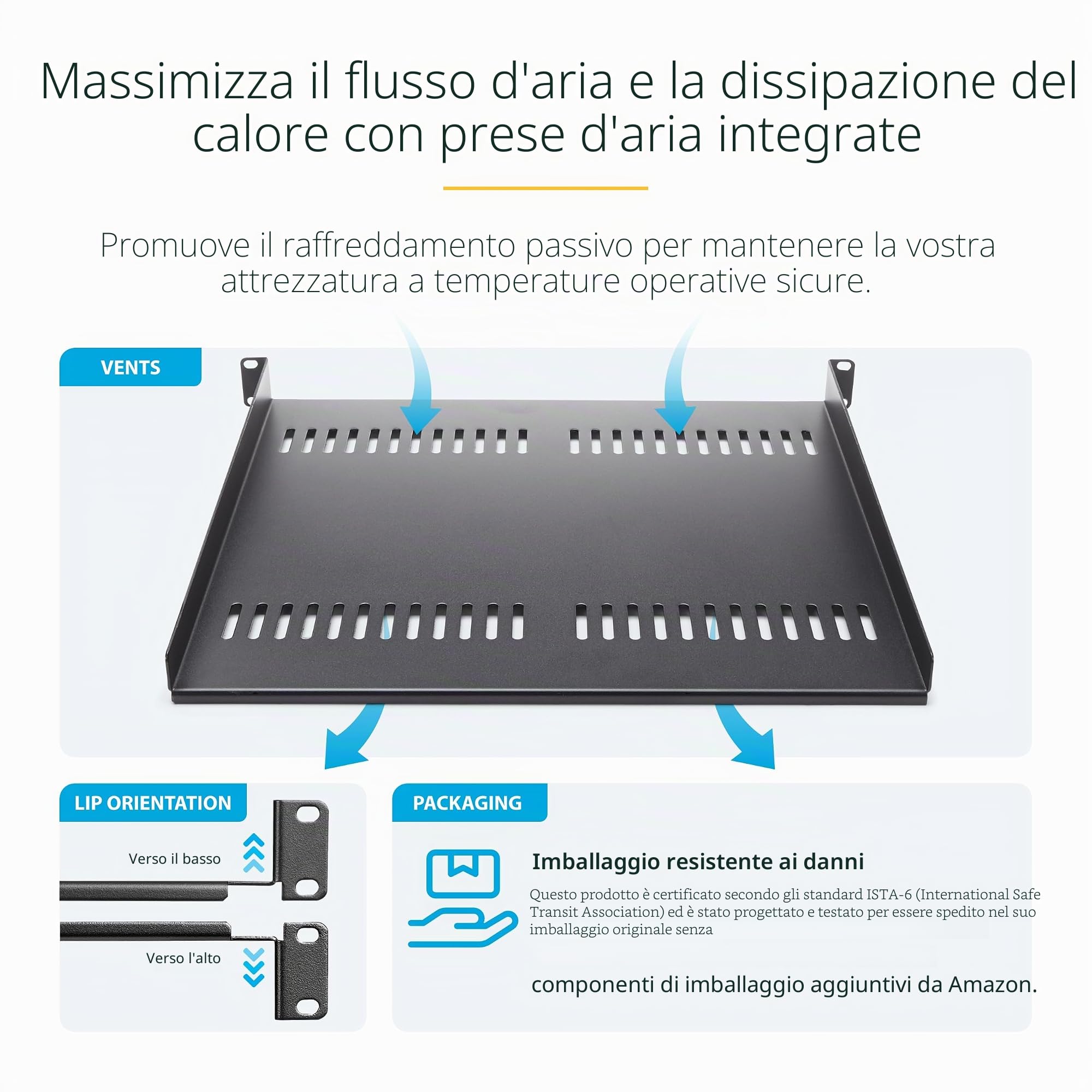 StarTech 2 Ripiani Rack 1U Ventilati a Sbalzo 19", 40cm (CABSHELF116V2PK) | Acciaio Resistente, Griglia di Ventilazione per Dissipazione del Calore, Compatibile con Armadi di Rete, Set da 2 Pezzi
