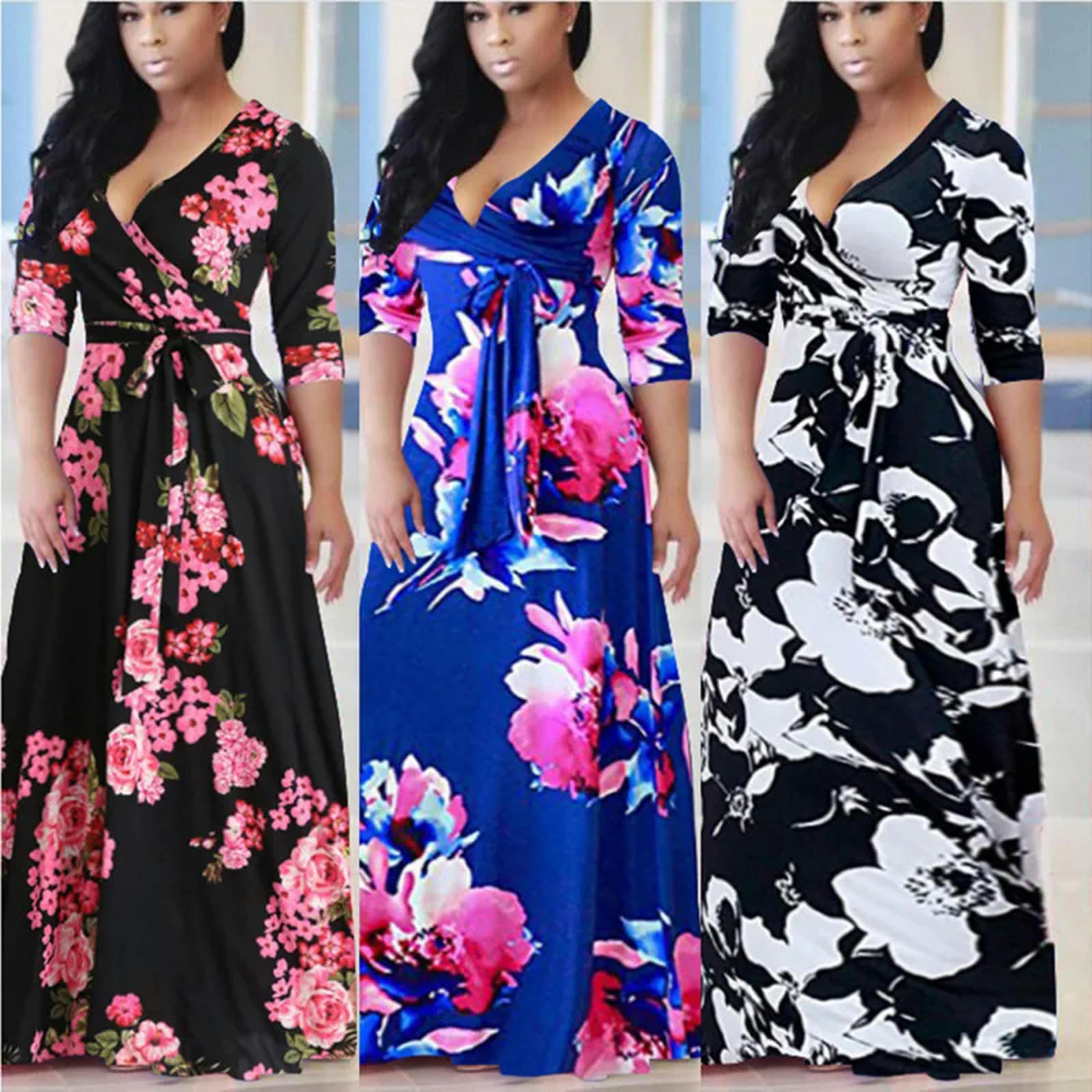 Vestito Abito da Spiaggia per La Spiaggia Floreale per La Stampa Floreale A Sciolta A V Women's Neck-Lanhong-XXXL