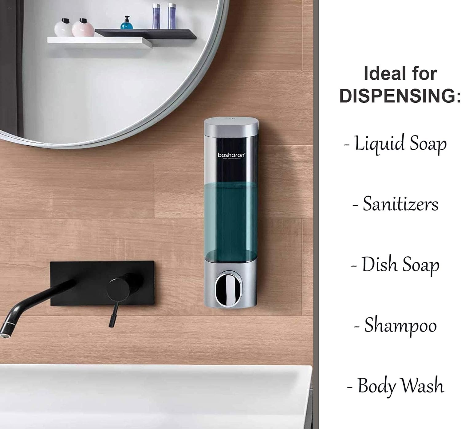 Bosharon Liquid Soap Dispenser Wall Mount, for Bathroom, Kitchen, Hotels, Restaurants. Shower Soap Dispenser Wall Mounted with Adhesive 300 ML (Silver Single Chamber)