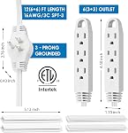 K KASONIC 3 Prong 12 Feet Twin Extension Cord Power Strip, 6 Feet on Each Side, Flat Head Outlet Plug, 6 Outlets, Double Extension Cord Splitter for Indoor Use, ETL Listed, White