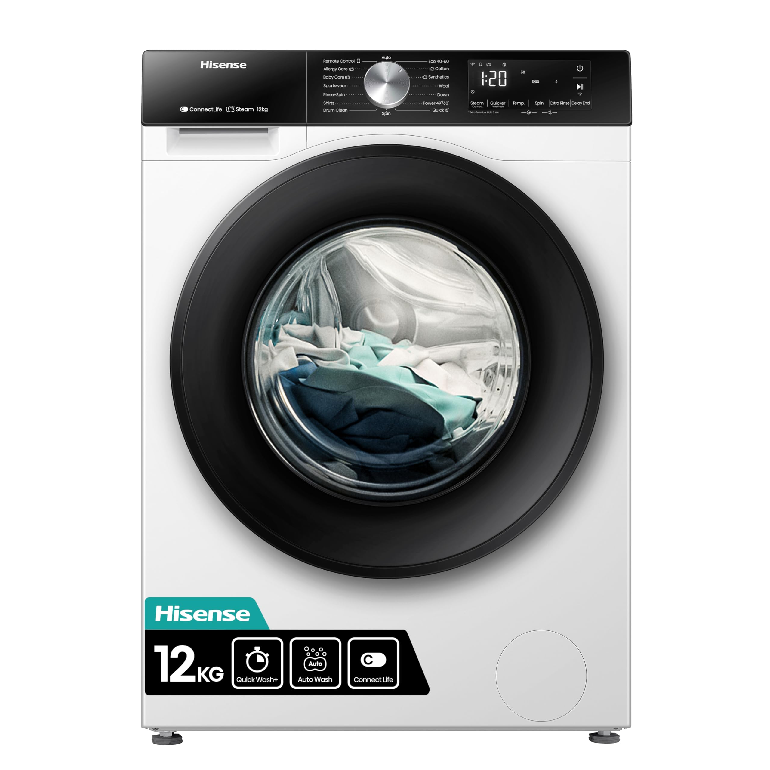 Hisense Hisense 3S WiFi Series WF3S1243BW3 12 KG Front Load Washing Machine Durable Inverter, Steam Wash, Quick Wash, 19 Programmes 1400 RPM White Energy Rating A