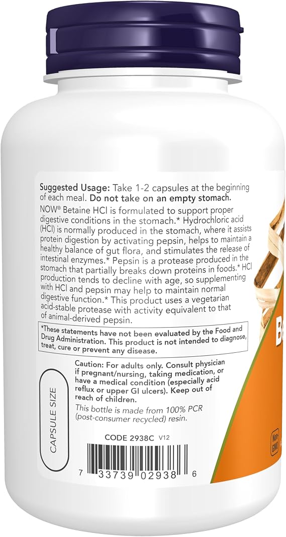 NOW Foods Supplements, Betaine HCl 648 mg, Vegetarian Formula, Digestive Support*, 120 Veg Capsules