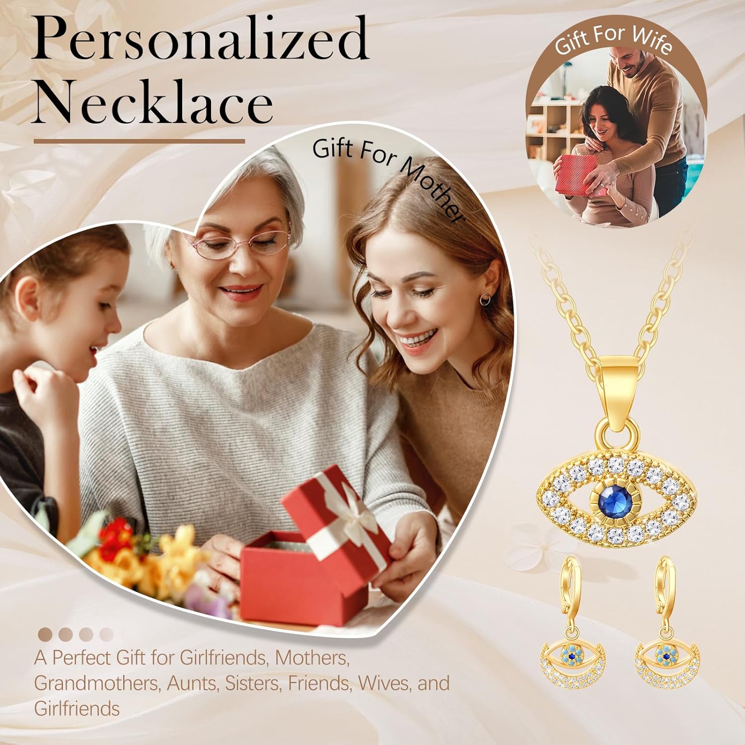 Evil Eye Necklace and Earrings Set Gold Pendant Greek Protection Jewelry Amulet Gift for Women Men - Image 6