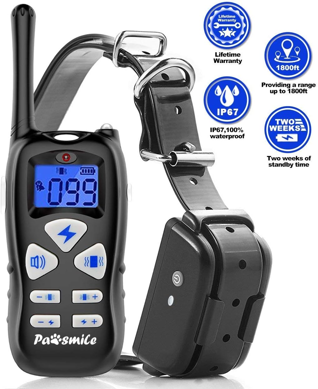 Pawsmile Dog Training Collar IP67 Waterproof 1800 ft Remote Range 2 Weeks Standby Time Electric Leakage Protection Shock Collar for Small Medium Large Dogs 6.6lbs-120lbs