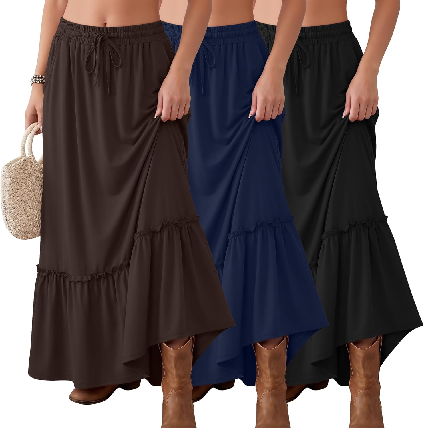 Ficerd 3 Pack Women's Boho Maxi Skirts, Long Tiered Skirt Flowy Ruffle High Waist Drawsting Casual Dress with Pockets
