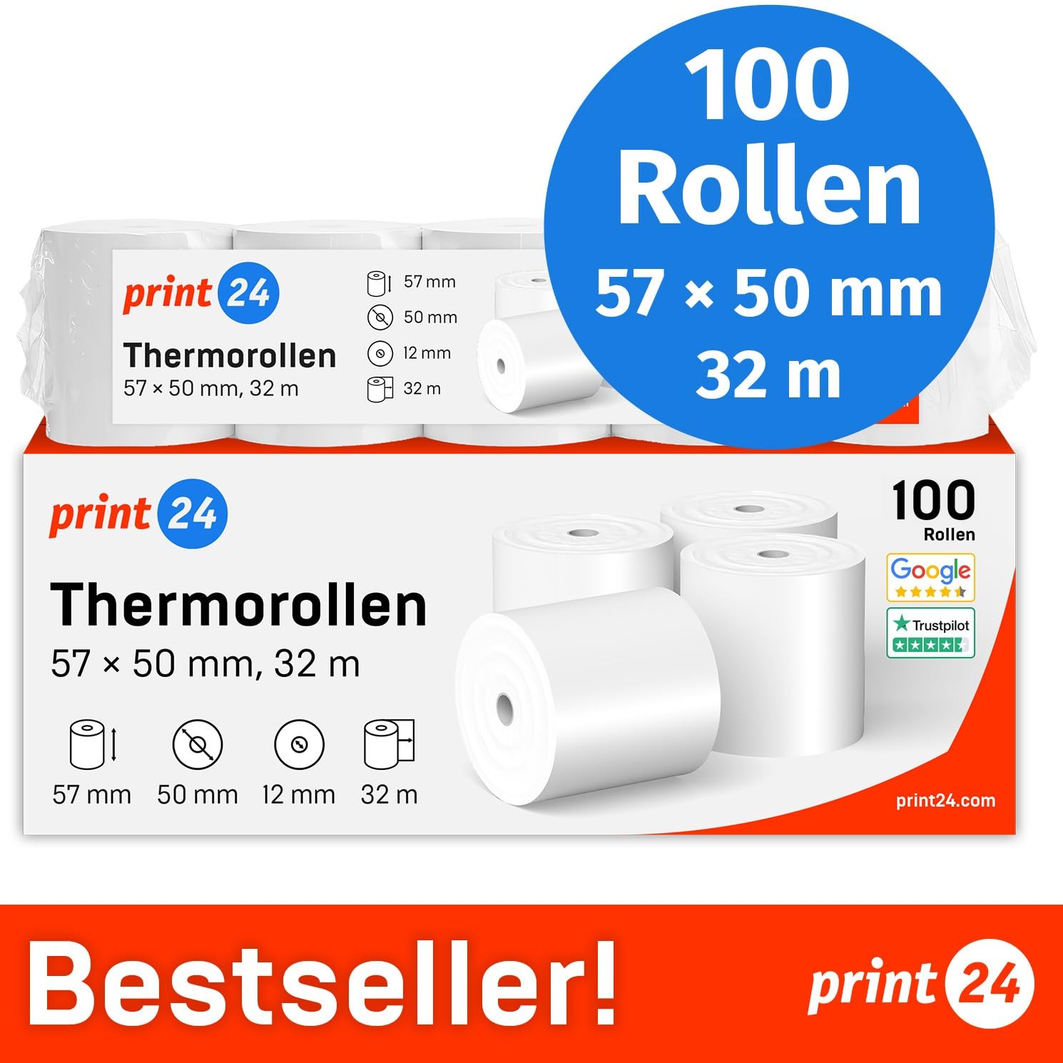 NEU: print24 Thermorollen/Kassenrollen, 100 Rollen, 57mm x 50mm x 12mm, 32m, Testsieger, PEFC zertifiziert, BPA-frei, für EPSON, IBM u.v.m