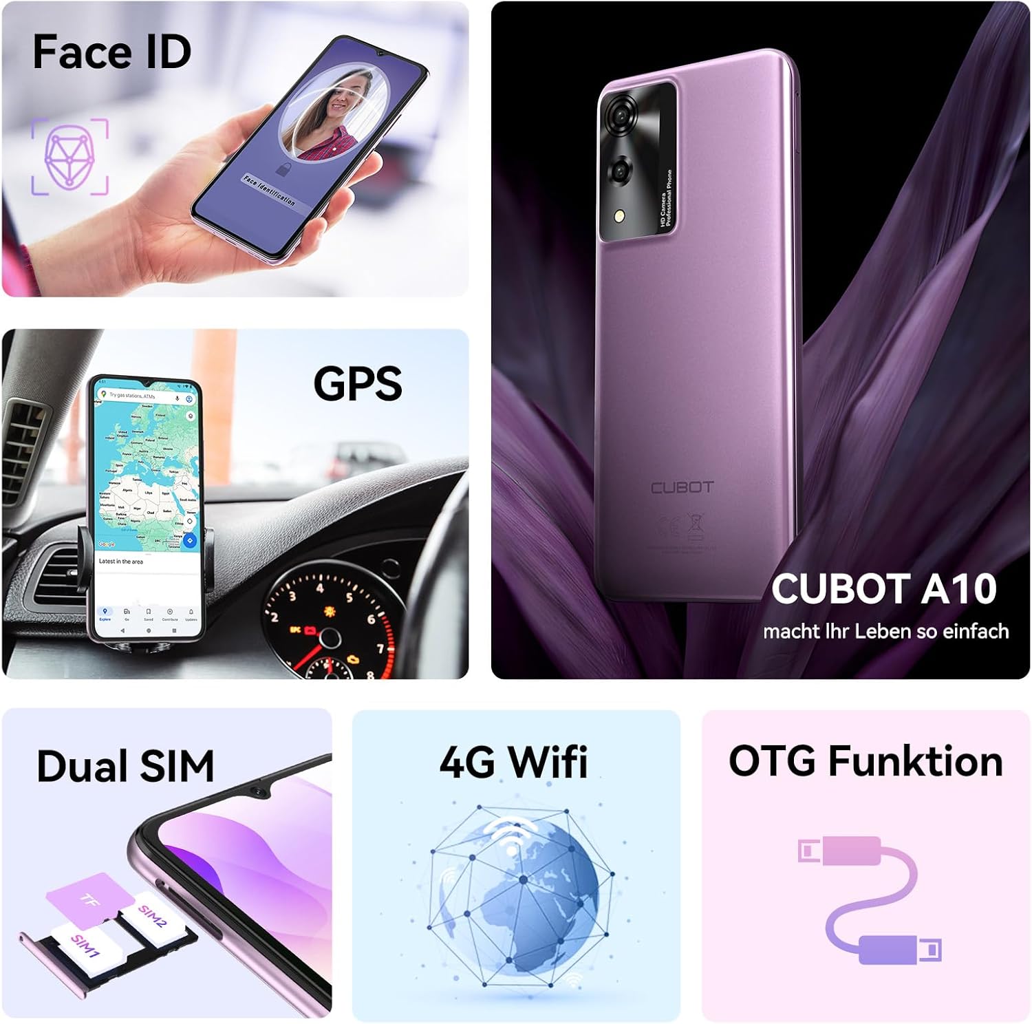 Close-up of the CUBOT A10 smartphone showing the dual SIM and TF card tray, along with icons for Face ID, GPS, 4G Wifi, and OTG function.