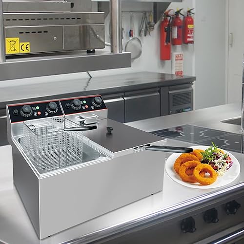 Freidora comercial de 12.6 cuartos de galón con doble cesta eléctrica, freidora de acero inoxidable con control de temperatura independiente para