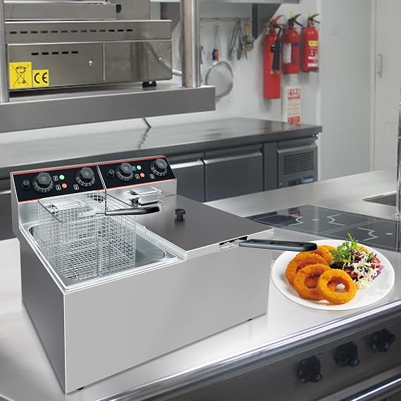 GarveeHome Commercial Deep Fryer with Basket, 12.6 QT Stainless Steel Electric Countertop Fryer with Double Tanks and Temperature Control for Restaurant and Home Use, 1500 W+1500 W