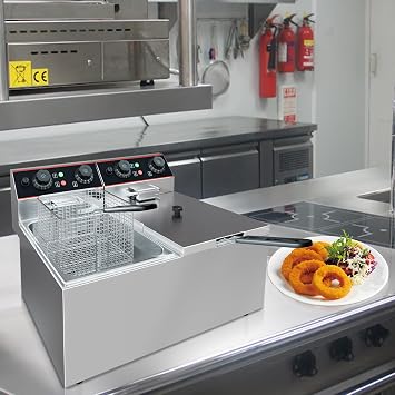 GarveeHome Commercial Deep Fryer with Basket, 12.6 QT Stainless Steel Electric Countertop Fryer with Double Tanks and Temperature Control for Restaurant and Home Use, 1500 W+1500 W