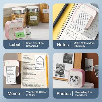 Label Maker Machine, HD Mini Sticker Printer with 7 Rolls Paper, Portable Thermal Print Pod Supports 12-57mm Papers, Bluetooth Pocket Printer for Home, Kitchen, School (Light Pink)