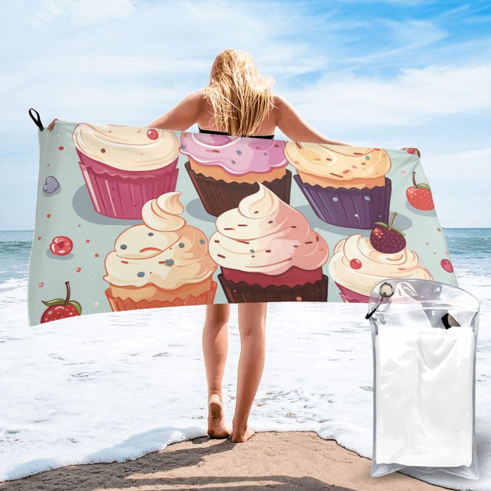 DWVTSLH Microfiber Sand Free Beach Towel 31.5"x63", Quick Dry Absorbent Travel Towel Large Camping Blanket, Cupcakes Bath Towels Lightweight Pool Swim Towels for Vacation Essentials