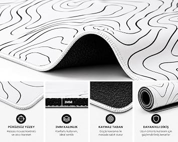 McStorey 90x40 cm Mouse Pad, Siyah Topografik Kontur Desenli Büyük Gaming Mouse Pad, Kaymaz Kauçuk Tabanlı, Dikişli Kenarlı 3 mm Klavye ve Mouse Altlığı, XXL Desk Mat