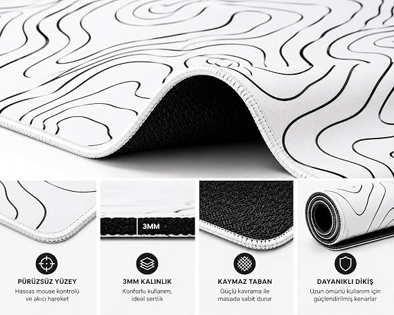 McStorey 90x40 cm Mouse Pad, Siyah Topografik Kontur Desenli Büyük Gaming Mouse Pad, Kaymaz Kauçuk Tabanlı, Dikişli Kenarlı 3 mm Klavye ve Mouse Altlığı, XXL Desk Mat