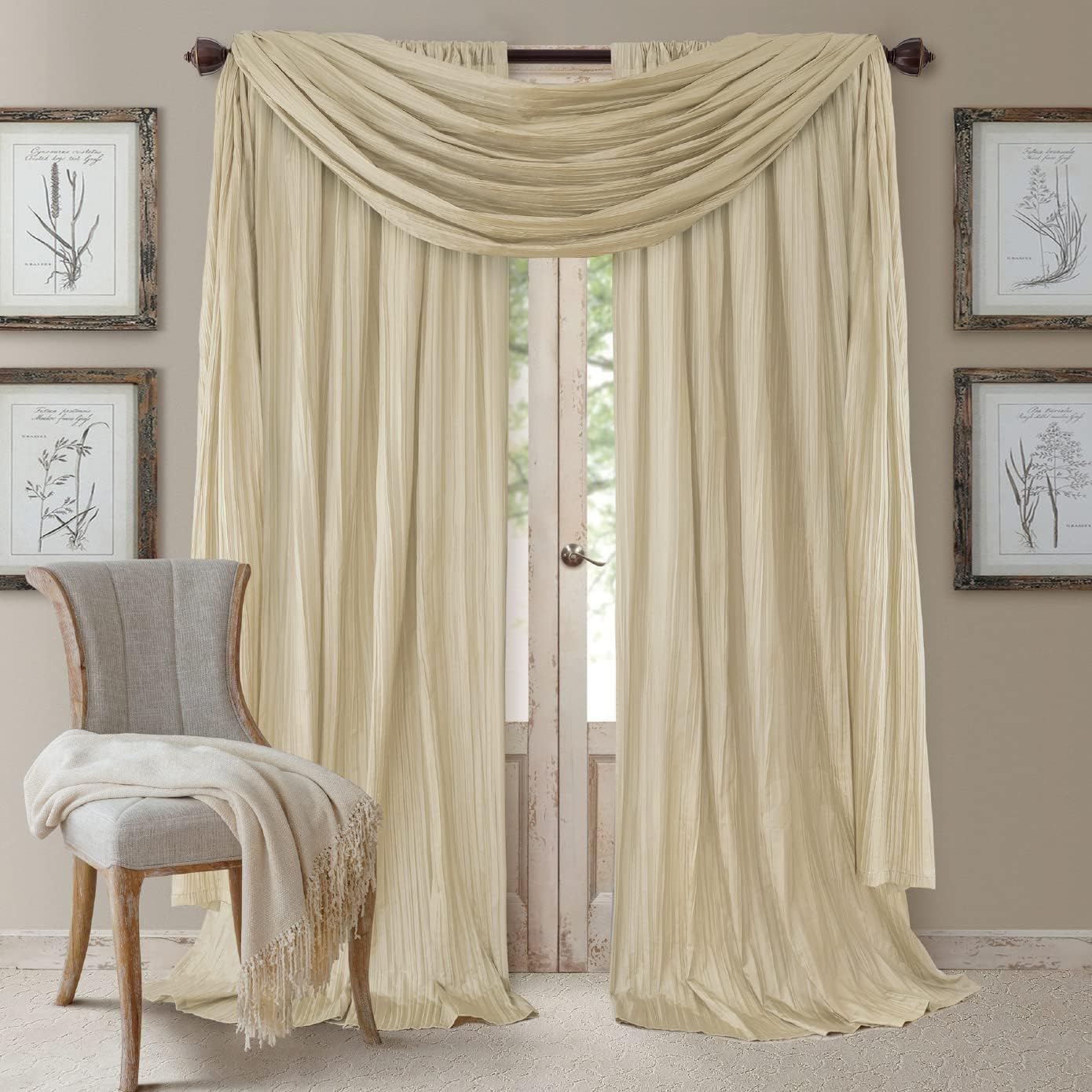 ElreneHome Fashions Athena Faux Crushed-Silk Window Curtain Panel and Valance Set, 52"x108" (2 Panels) & 1 Valance, Ivory