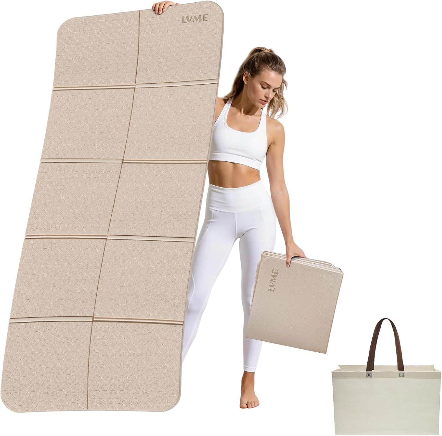 LVME Foldable Yoga Mat for Travel – 75"x31.5" Large POE Exercise Mat with Storage Pouch, Fits Suitcase & Backpack (16"x15"x3.5"),0.6cm Non-Slip Surface for Yoga, Pilates, Gym & Outdoor Workouts