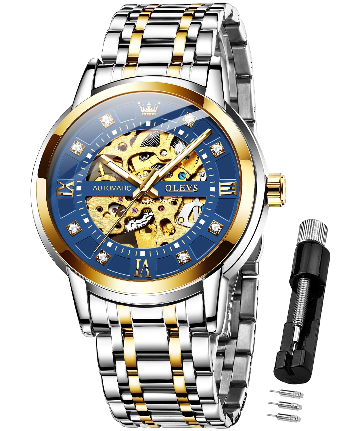 OLEVS Gold Skeleton Watch for Men Automatic Mechanical Self Winding Stainless Steel Luxury Business Dress Diamond Wrist Watches Waterproof Luminous