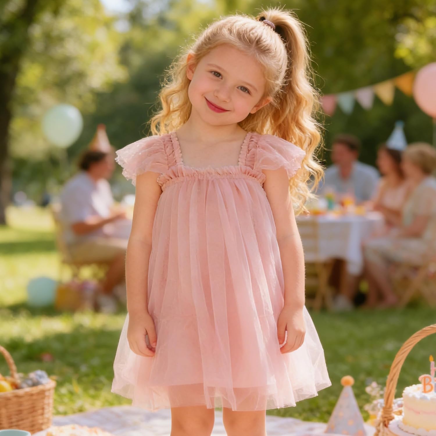 AGQT Baby Girls Tulle Dress Toddler Layered Tutu Ruffled Sleeve Dresses Fairy Summer Birthday Party Wedding Gowns 9M-5T