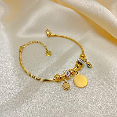 Miniatura 6 de Pulseras de moda contra el mal de ojo con circonita cúbica, pulseras de eslabones de cadena de oro con cuentas para mujeres y niñas, Metal,