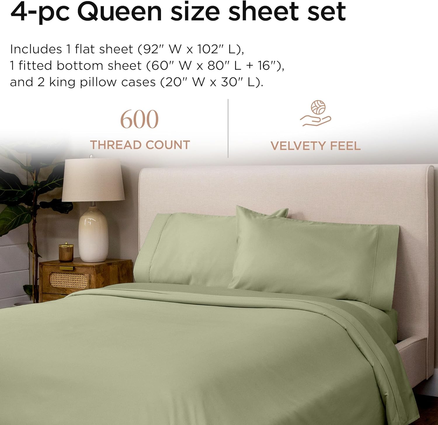 Threadmill 100% Cotton Sheets for Queen Size Bed - 600 Thread Count Queen Bed Sheets Set with 16” Deep Pocket - Sateen Weave 4-Piece Bedding Set with Cooling Effect, Sage Green - Image 2