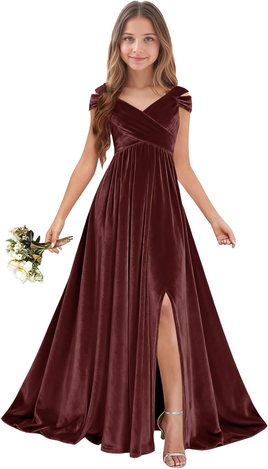 Velvet Junior Bridesmaid Dresses for Wedding - Off Shoulder Flower Girl Dress Teen Girls Formal Party Prom Gowns