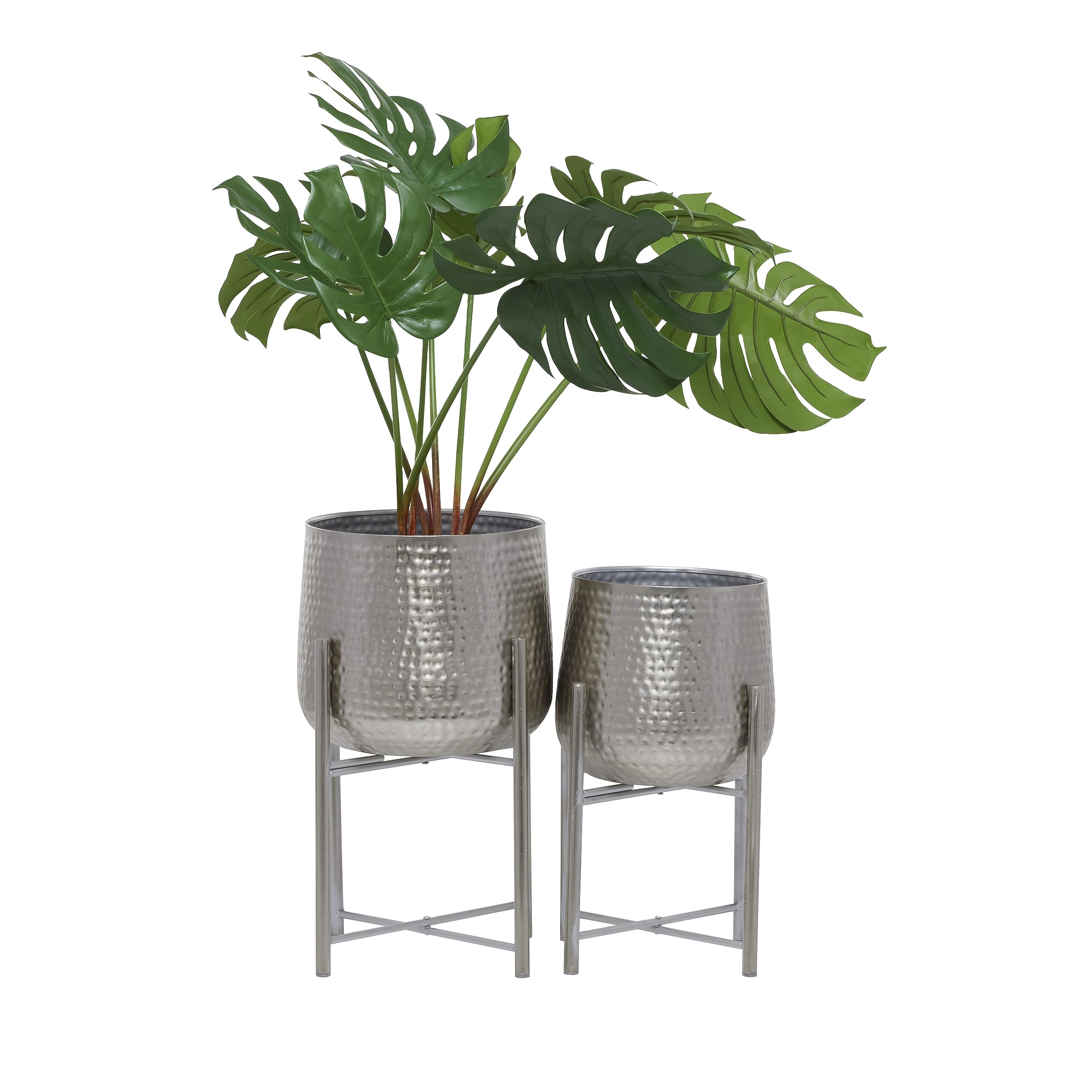 CosmoLiving by Cosmopolitan Metal Indoor Outdoor Planter Hammered Large Planter Pot with Removable Stand, Set of 2 Planters 19", 16"H, Silver