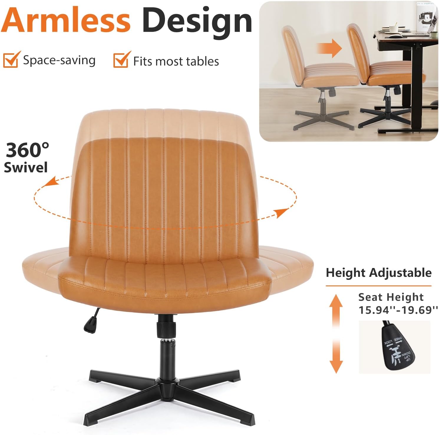 Sweetcrispy Criss Cross Chair Legged, Armless Office Wide Desk Chair No Wheels, PU Leather Swivel Vanity Height Adjustable Fabric Modern Computer Task Seating for Home - Brown