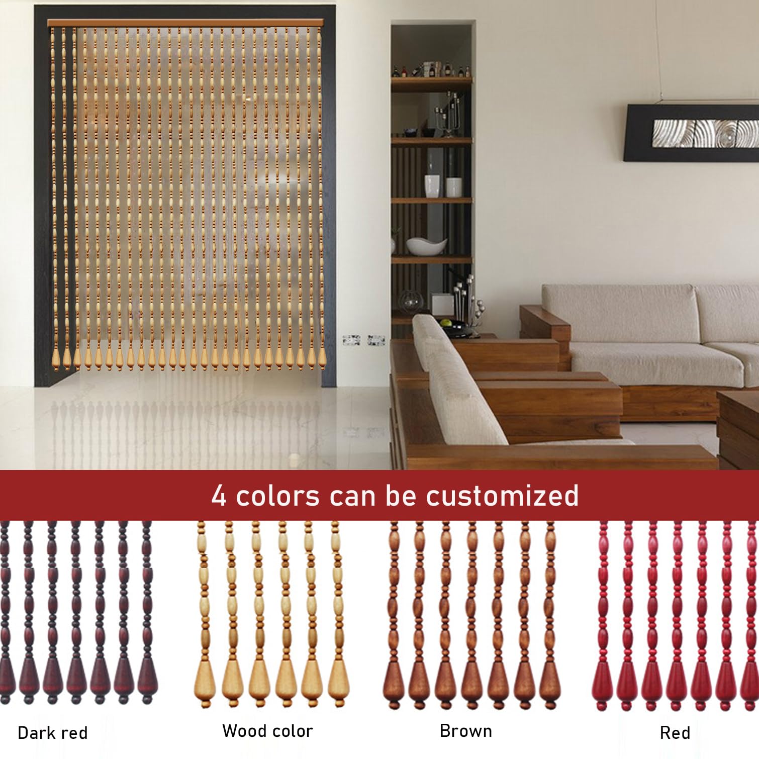 Rideaux élégants faits à la main en perles de bois naturel – Séparateurs de pièce élégants et moustiquaires pour portes intérieur/extérieur 140 cm x 150 cm (71 brins) – Décoration d'intérieur unique
