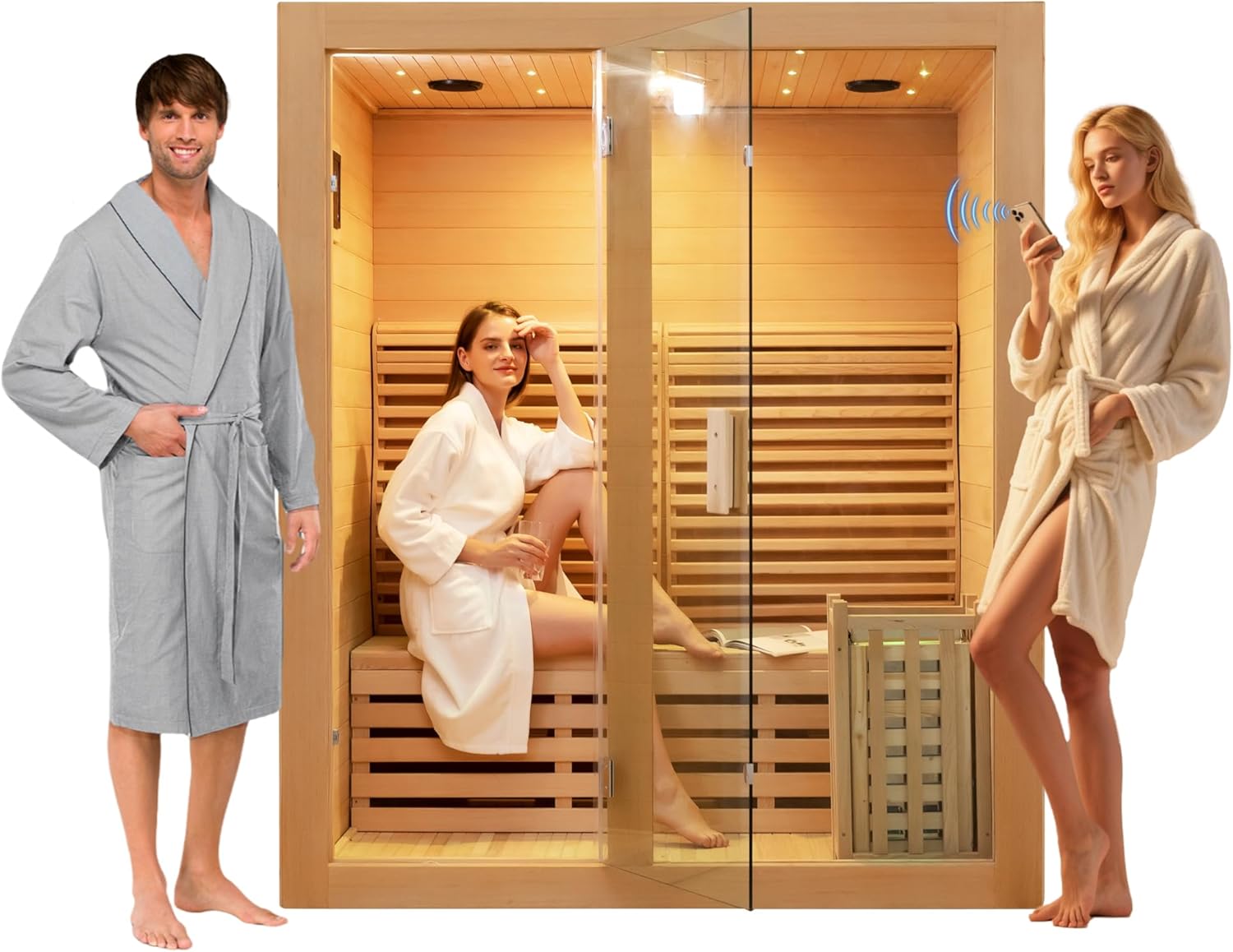 ZONEMEL Wooden Steam Sauna Room, 3 Person Canadian Hemlock Luxurious Indoor Sauna with 6 KW Harvia Stove Heater, WiFi Control, Sauna Stone, Wooden Bucket, Scoop, Reading Light, Hourglass, 220V