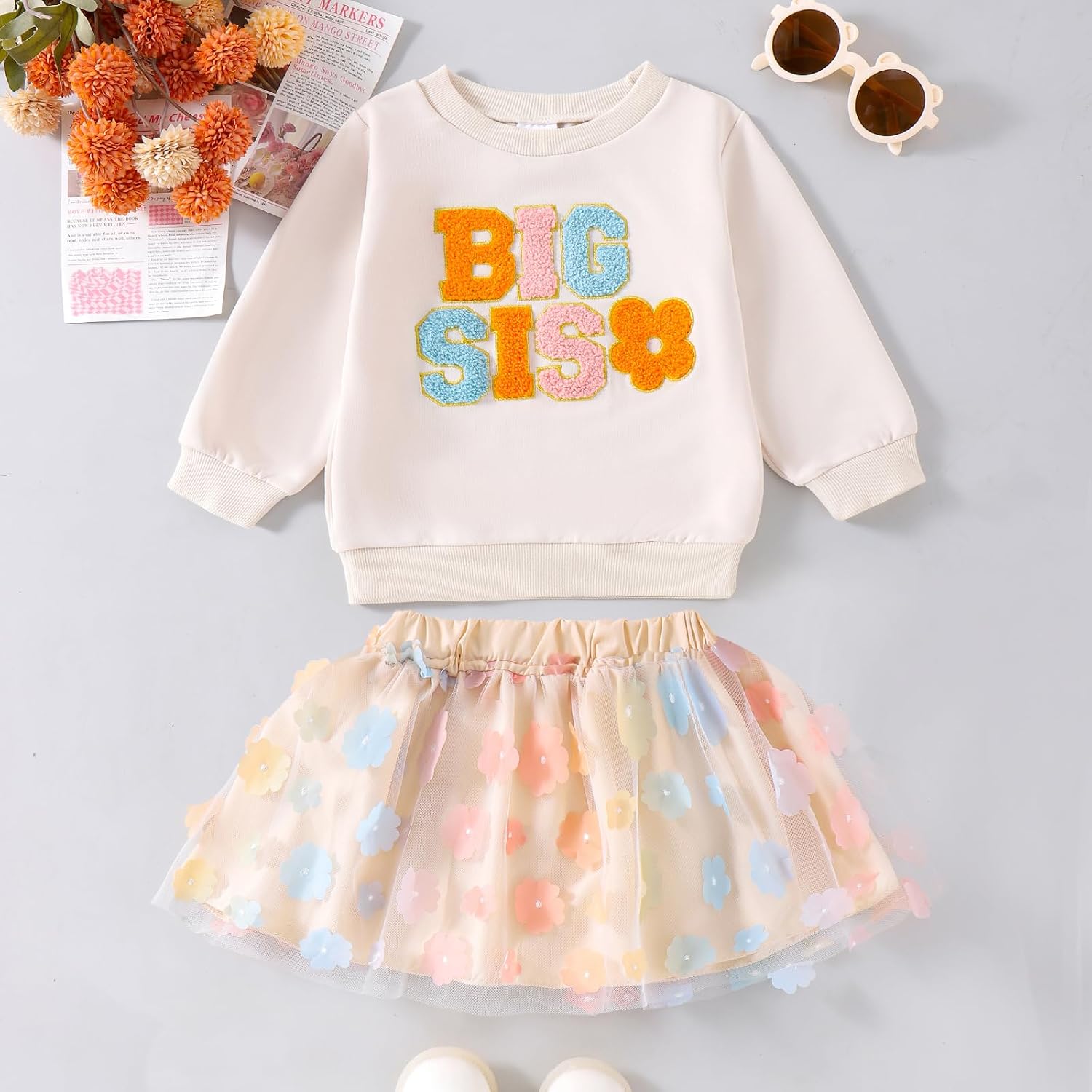 FIOMVA Big Sister Little Sister Matching Outfit Big Sis Lil Sis Tee Shirt Top Sweatshirt and Tutu Skirt Set