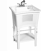 Zenna Home Freestanding Utility Sink with Pull-Out Faucet, Towel Bar & Scrub Board - 24x24x36.75 Laundry Garage Tub, White