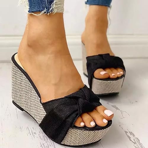 Bowknot Sandal for Women Wedge Platform Slippers Fashion Straps Open Toe Comfortable Slip-on Sandalias Summer Solid Chunky Casual Ladies Shoes(Black,6)